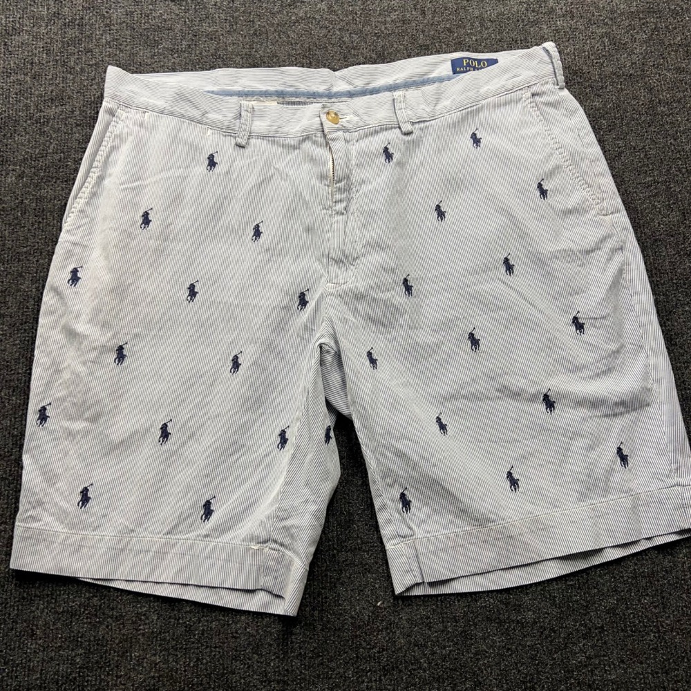 Polo Ralph Lauren Mens 38 Blue White Seersucker Embroidered Pony Logo Shorts